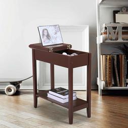 Side Table Flip Top 2-tier Narrow End Table Hidden Storage S