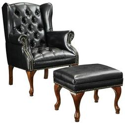 And Ottoman Set In Black Vinyl Upholstery