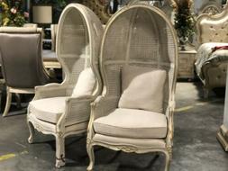 French Country Chic Linen Rattan Vintage Balloon Chair 62"H
