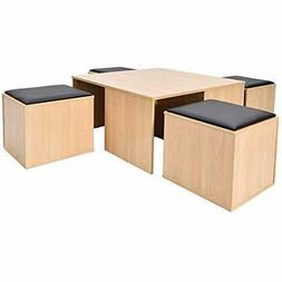 Set Wooden Dinette W/ 4 Storage Ottoman For