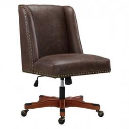 Brown Leather Armless Executive Wood Base Wheel Furniture
