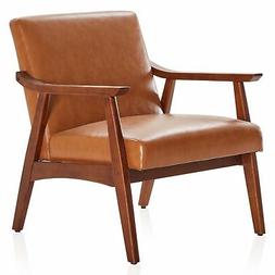 Upholstered Faux Leather Armchair W/ Wood Legs