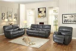 Modern Grey Leather Double Reclining Sofa Set 3Pcs Homelegan