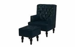 Set, Tufted Pu Leather Chair With Ottoman, Dark Blue